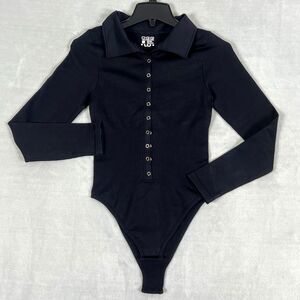 OQQ Women’s Collared Ribbed Button Front Long Sleeve Bodysuit Black Medium